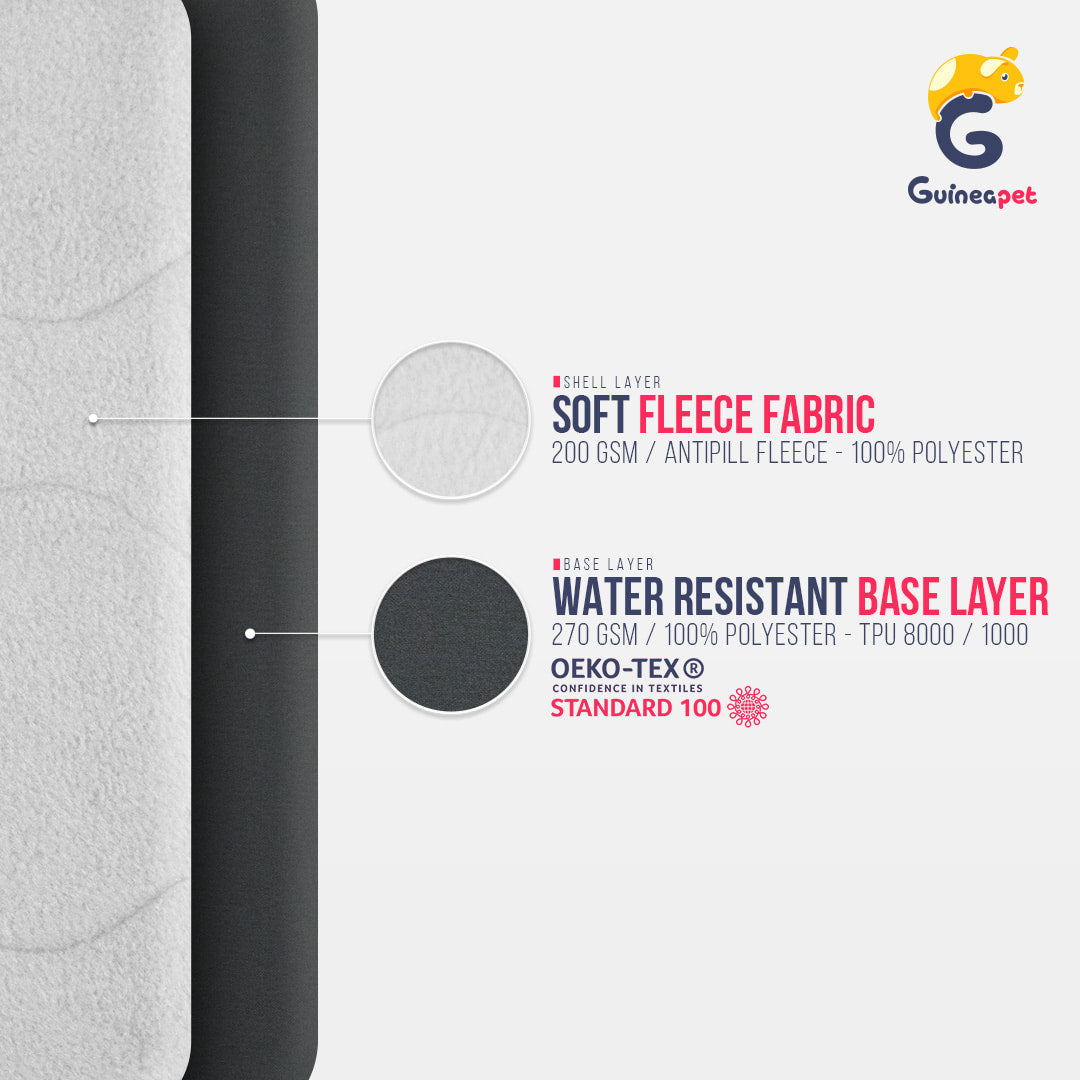 Guineapet liners bedding composition. Soft anti-pill fleece fabric, two highly absorbent technical fabric layers, and a water-resistant bottom. 100% polyester