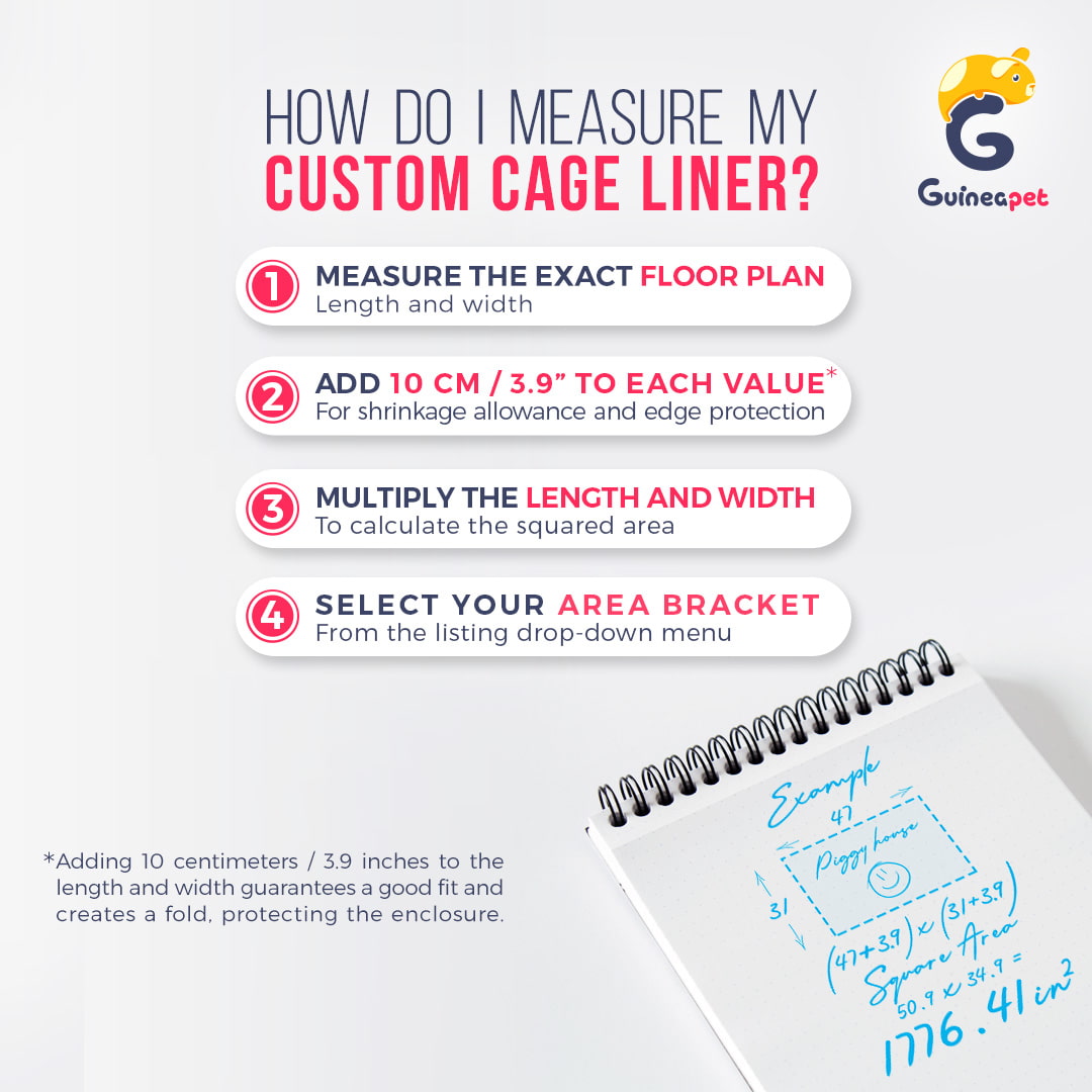 Custom Guineapet liner order instructions. Measure the exact floor plan lenght and wdth. Add 10 centimeters, 3.9 inches to each value to account for shrinkage, guarantee a good fit and protect the enclosure.Calculate the squared area. Multiply width and length. Select the area bracket..