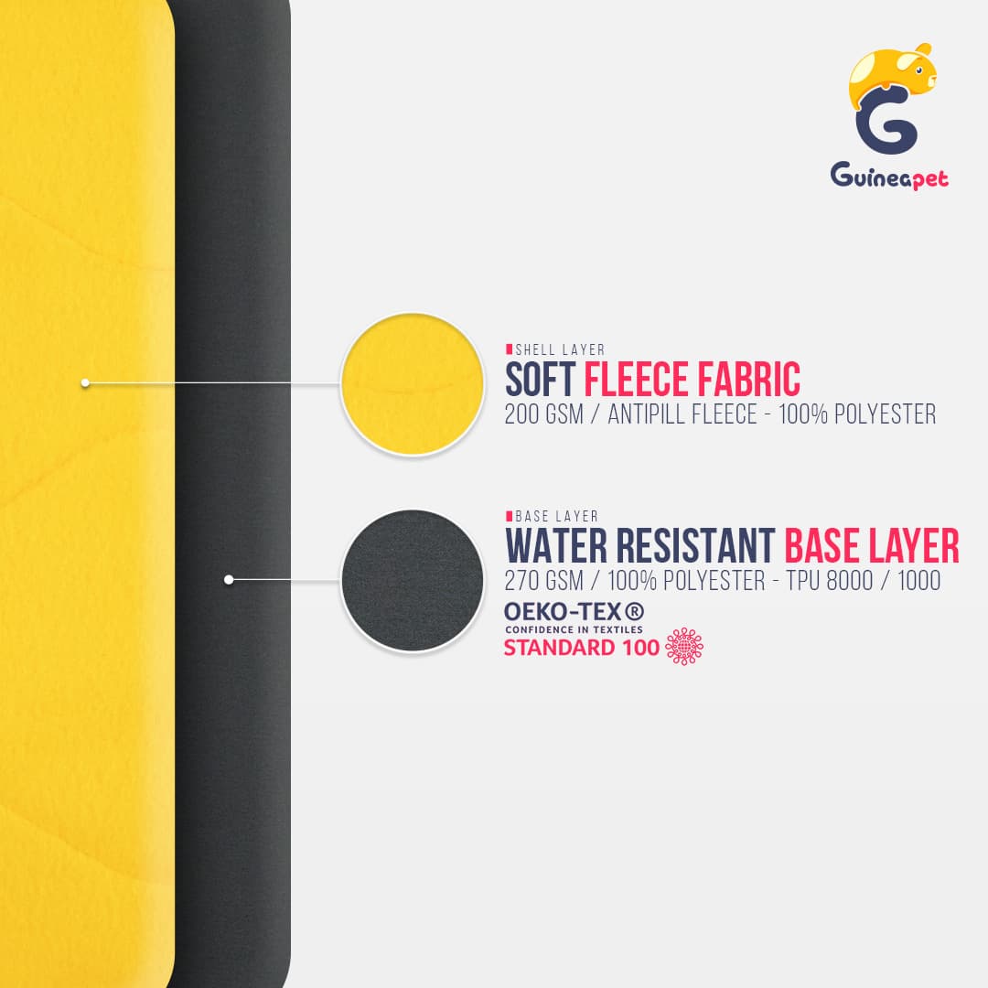Guineapet liners bedding composition. Soft anti-pill fleece fabric, two highly absorbent technical fabric layers, and a water-resistant bottom. 100% polyester