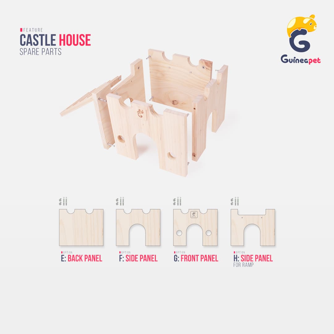 Wooden castle parts designed for small pets, with visible holes for connectors and a general construction style typical of modular pet furniture.